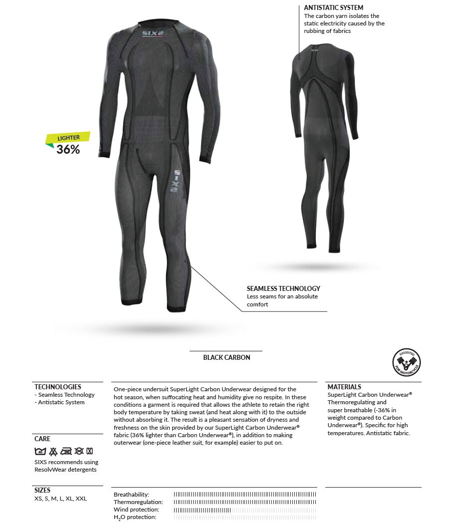 Black Carbon Large SIXS Mens 600-0224 One-Piece Undersuit Superlight Underwear