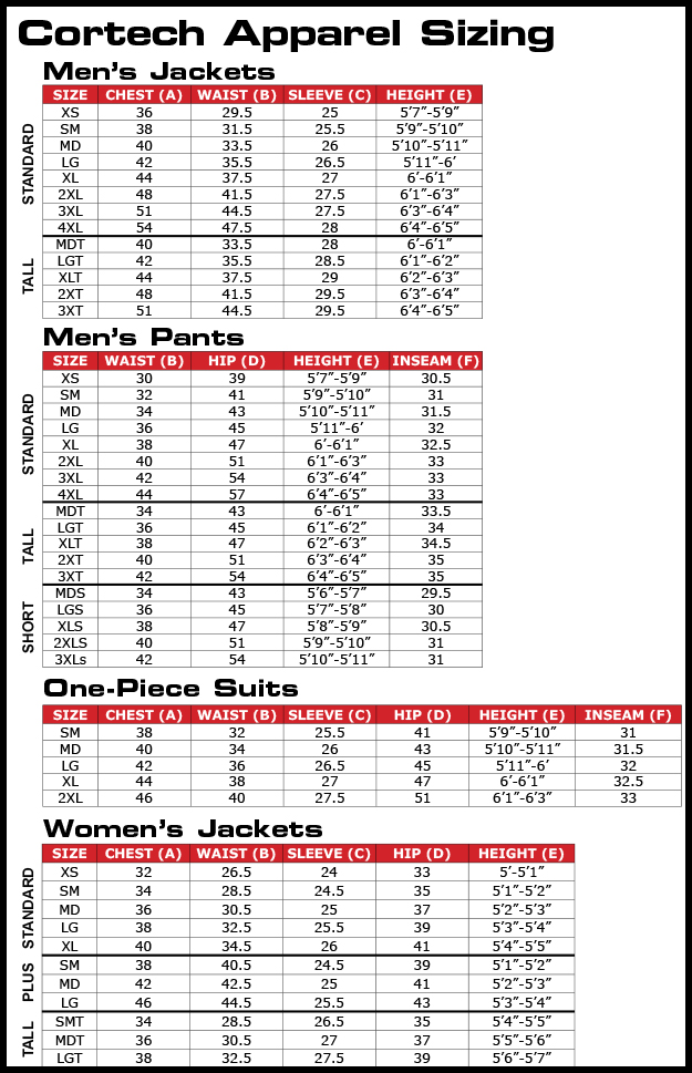 Size Chart Cortech Fortnine Canada